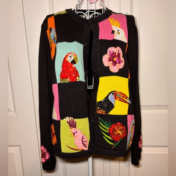 berek Sweaters - Vintage Berek Black Multicolor Hand Crafted Bird Cardigan